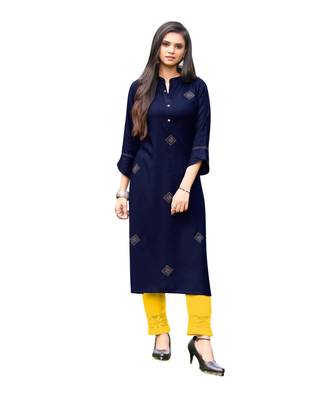 Navy Blue Rayon  quarter Sleeves Diamond Work  Womens Kurta 1