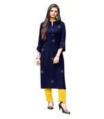 Navy Blue Rayon  quarter Sleeves Diamond Work  Womens Kurta