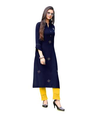 Navy Blue Rayon  quarter Sleeves Diamond Work  Womens Kurta 3