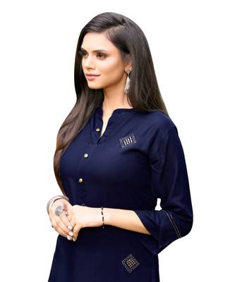 Navy Blue Rayon  quarter Sleeves Diamond Work  Womens Kurta 4