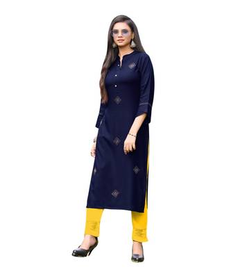 Navy Blue Rayon  quarter Sleeves Diamond Work  Womens Kurta 5