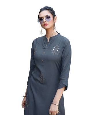 Grey Rayon  quarter Sleeves Diamond Work  Womens Kurta 4