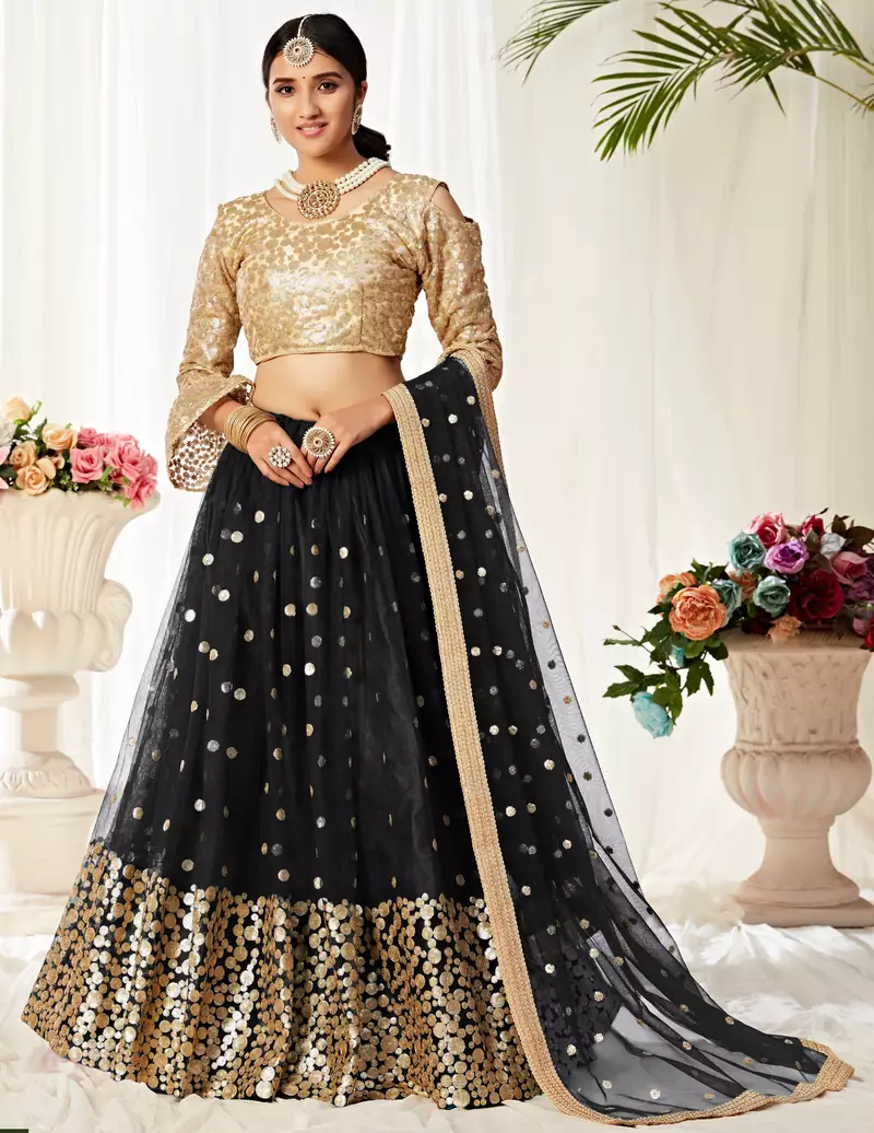 Black zari embroidered net Semi Stitched bridal lehenga