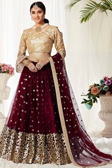 Maroon zari embroidered net Semi Stitched bridal lehenga