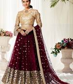 Glamorous Maroon zari and Sequins embroidered net Semi Stitched Lehenga choli for bride