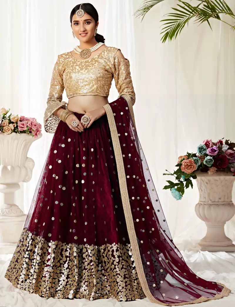Maroon zari embroidered net Semi Stitched bridal lehenga