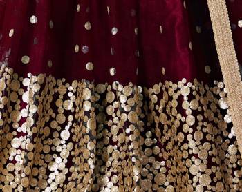 Glamorous Maroon zari and Sequins embroidered net Semi Stitched Lehenga choli for bride 2