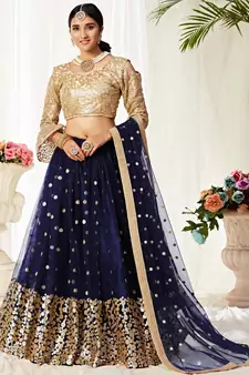 Violet zari embroidered net Semi Stitched bridal lehenga