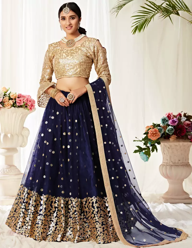 Violet zari embroidered net Semi Stitched bridal lehenga