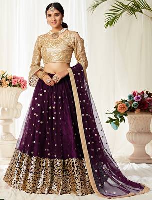 Delightful Wine zari and Sequins embroidered net Semi Stitched Party Wear Lehenga choli 1
