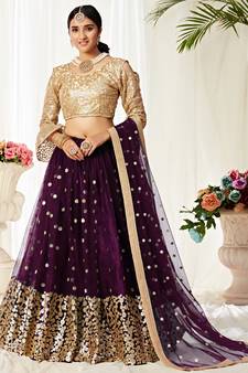 Wine zari embroidered net Semi Stitched bridal lehenga