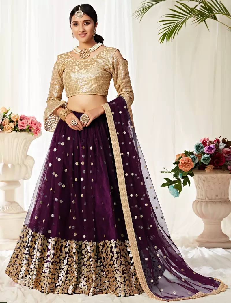 Wine zari embroidered net Semi Stitched bridal lehenga