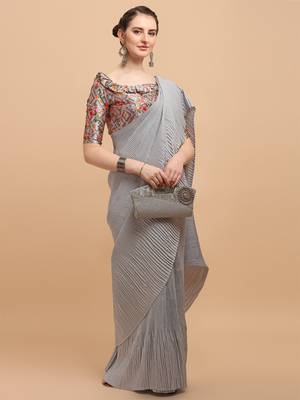 Grey Color Satin Silk Pleated Bollywood Saree With Digital Print Blouse Piece 1
