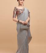 Grey Color Satin Silk Pleated Bollywood Saree With Digital Print Blouse Piece