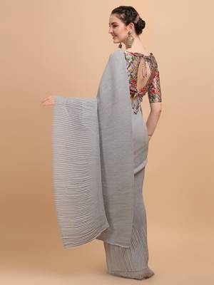 Grey Color Satin Silk Pleated Bollywood Saree With Digital Print Blouse Piece 2