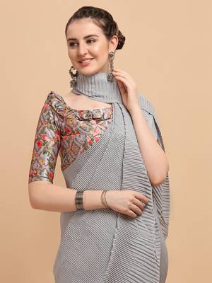 Grey Color Satin Silk Pleated Bollywood Saree With Digital Print Blouse Piece 3
