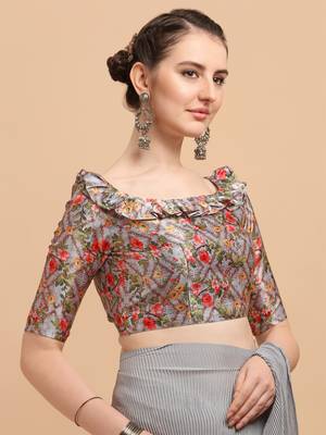 Grey Color Satin Silk Pleated Bollywood Saree With Digital Print Blouse Piece 4