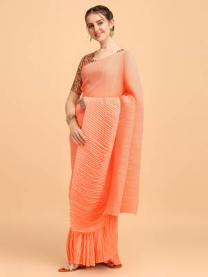 Orange Color Satin Silk Pleated Bollywood Saree With Digital Print Blouse Piece 1