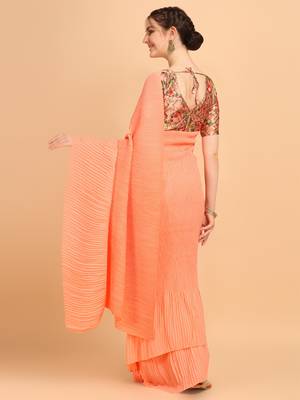 Orange Color Satin Silk Pleated Bollywood Saree With Digital Print Blouse Piece 2