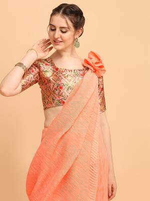 Orange Color Satin Silk Pleated Bollywood Saree With Digital Print Blouse Piece 3