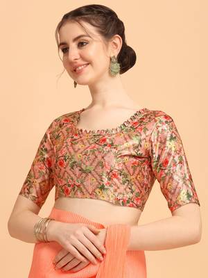 Orange Color Satin Silk Pleated Bollywood Saree With Digital Print Blouse Piece 4
