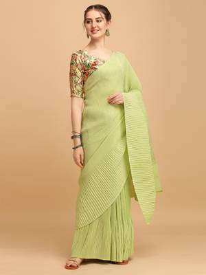 Pista Color Satin Silk Pleated Bollywood Saree With Digital Print Blouse Piece 1