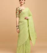 Pista Color Satin Silk Pleated Bollywood Saree With Digital Print Blouse Piece