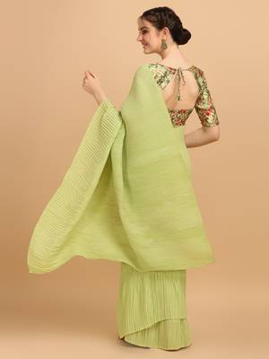Pista Color Satin Silk Pleated Bollywood Saree With Digital Print Blouse Piece 2
