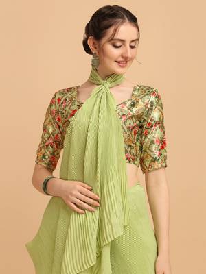 Pista Color Satin Silk Pleated Bollywood Saree With Digital Print Blouse Piece 3