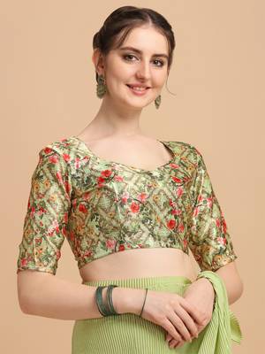 Pista Color Satin Silk Pleated Bollywood Saree With Digital Print Blouse Piece 4
