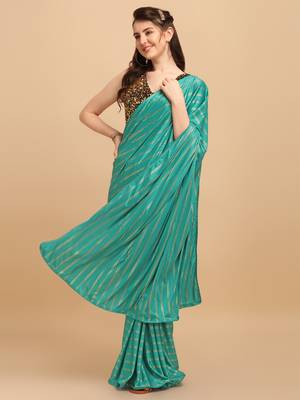 Green Color Malai Silk Foil Print Designer Saree With Sequences Blouse Piece 1