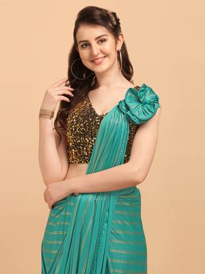Green Color Malai Silk Foil Print Designer Saree With Sequences Blouse Piece 3