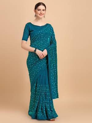 Blue Color Sequences Embroidred Vichitra Silk Bollywood Saree With Blouse Piece 1