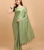 Green Color Satin Silk Stripes Tassels Designer Saree With Digital Print Blouse Piece