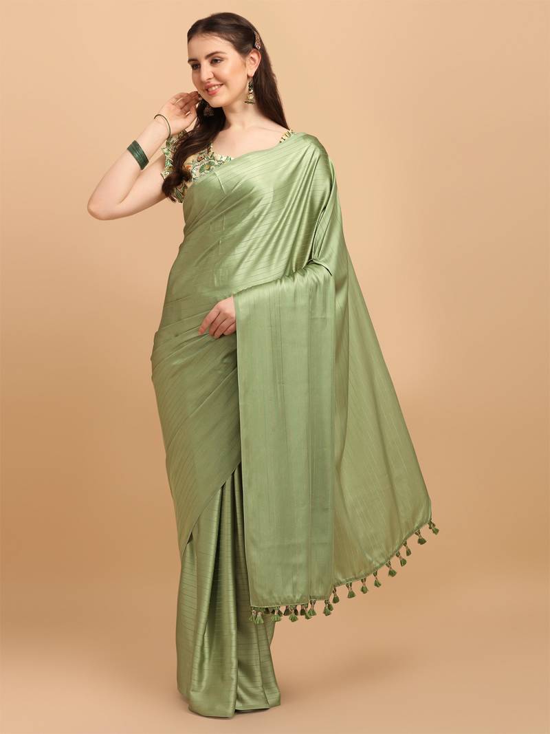Green Color Satin Silk Stripes Tassels Designer Saree With Digital Print Blouse Piece