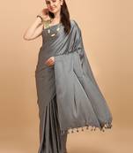 Grey Color Satin Silk Stripes Tassels Designer Saree With Digital Print Blouse Piece