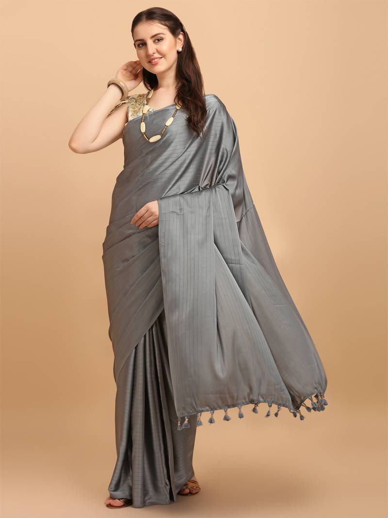 Grey Color Satin Silk Stripes Tassels Designer Saree With Digital Print Blouse Piece