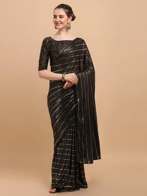 Black Color Foil Print Stripes Malai Silk Designer Saree With Embellished Blouse Piece 1