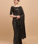 Black Color Foil Print Stripes Malai Silk Designer Saree With Embellished Blouse Piece