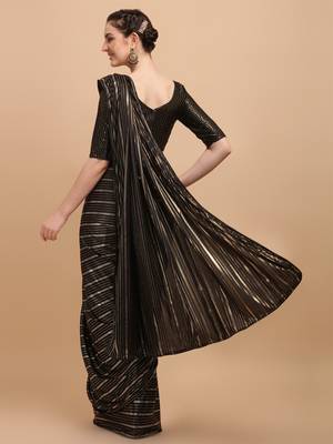 Black Color Foil Print Stripes Malai Silk Designer Saree With Embellished Blouse Piece 2