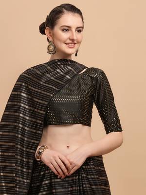 Black Color Foil Print Stripes Malai Silk Designer Saree With Embellished Blouse Piece 3