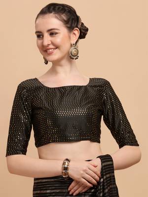 Black Color Foil Print Stripes Malai Silk Designer Saree With Embellished Blouse Piece 4