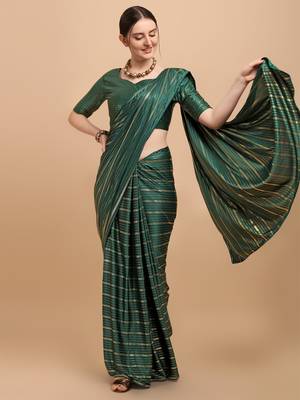Green Color Foil Print Stripes Malai Silk Designer Saree With Embellished Blouse Piece 1