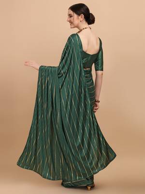 Green Color Foil Print Stripes Malai Silk Designer Saree With Embellished Blouse Piece 2