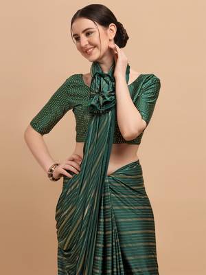 Green Color Foil Print Stripes Malai Silk Designer Saree With Embellished Blouse Piece 3
