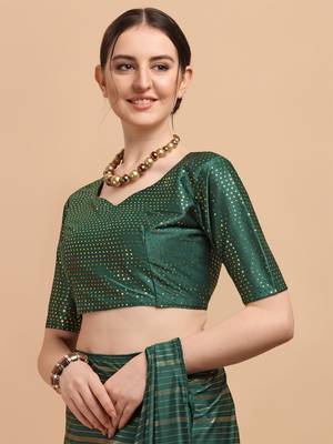 Green Color Foil Print Stripes Malai Silk Designer Saree With Embellished Blouse Piece 4