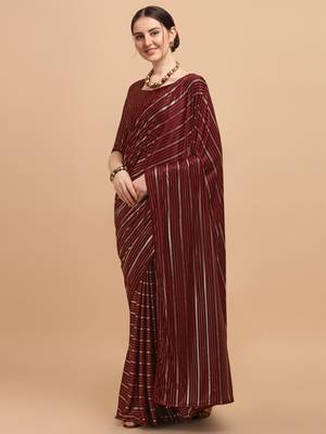 Maroon Color Foil Print Stripes Malai Silk Designer Saree With Embellished Blouse Piece 1