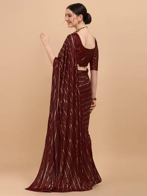 Maroon Color Foil Print Stripes Malai Silk Designer Saree With Embellished Blouse Piece 2