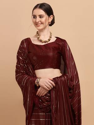 Maroon Color Foil Print Stripes Malai Silk Designer Saree With Embellished Blouse Piece 3