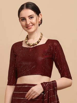 Maroon Color Foil Print Stripes Malai Silk Designer Saree With Embellished Blouse Piece 4